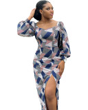 Blue Printed Plaid Long Sleeve Slit Midi Dress