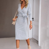 V-neck Long-Sleeved Knitted Wrap Midi Dress