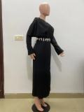 Black Slit Loose V Neck Long Dresses without Belt