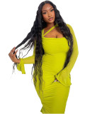 Solid Color Hollow Long Sleeve Stacked Midi Dresses