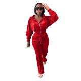 Autum/winter Velvet Elastic Waist Zipper High Neck Sweatsuit Jacket Trousers with Pockets