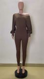 Solid Color Stretch Long Sleeve Slant Shoulder Bodysuit