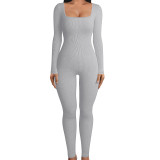 Womens Long Sleeve Jumpsuits Ribbed Yoga Workout One Piece Bodycon Jumpsuit Solid Outfits Sport Clubwear