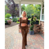 Fashion 2 Piece Solid Color Square Neck Top Turn-Up Low-Waist Flared Pants