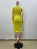 Solid Color Hollow Long Sleeve Stacked Midi Dresses