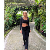 Fashion 2 Piece Solid Color Square Neck Top Turn-Up Low-Waist Flared Pants