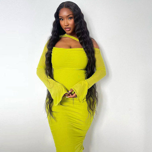 Solid Color Hollow Long Sleeve Stacked Midi Dresses