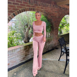 Fashion 2 Piece Solid Color Square Neck Top Turn-Up Low-Waist Flared Pants