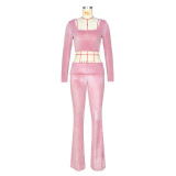 Fashion 2 Piece Solid Color Square Neck Top Turn-Up Low-Waist Flared Pants