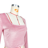 Fashion 2 Piece Solid Color Square Neck Top Turn-Up Low-Waist Flared Pants