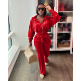 Autum/winter Velvet Elastic Waist Zipper High Neck Sweatsuit Jacket Trousers with Pockets