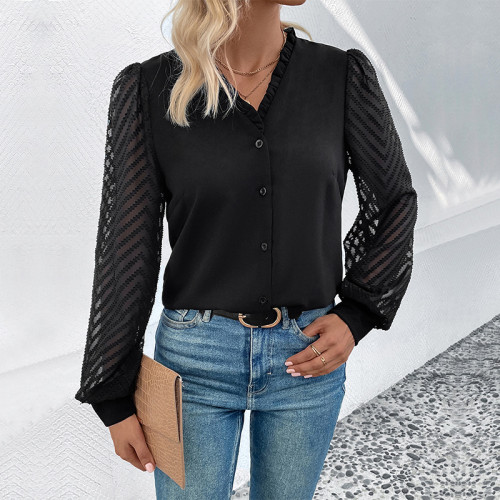 Black Woven Long Sleeve V Neck Shirt Top