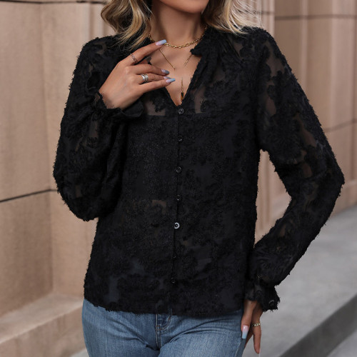 Black Long Sleeve V Neck French Top
