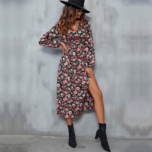 Floral V-Neck Slit Midi Dress