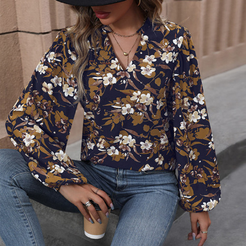 Floral Notched Balloon Sleeve Blouse