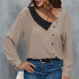Contrast Panel Button Detail Asymmetrical Neck Drop Shoulder Blouse