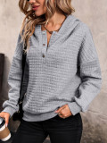 Women Hoodie Light Gray Long Sleeves Buttons Polyester Hooded Sweatshirt