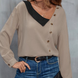 Contrast Panel Button Detail Asymmetrical Neck Drop Shoulder Blouse