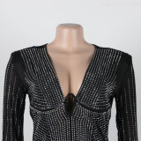 Sparkling Diamond-Embellished Deep V Sheer Dress