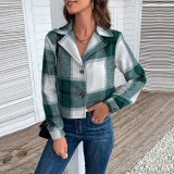 Plaid Collared Neck Button Up Long Sleeve Jacket
