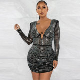 Sparkling Diamond-Embellished Deep V Sheer Dress