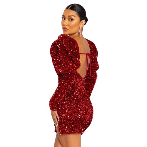 Sparkling Backless Padded Shoulder Bubble Sleeve Party Dress for Women