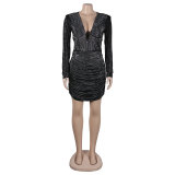 Sparkling Diamond-Embellished Deep V Sheer Dress