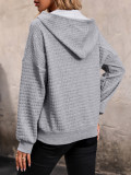 Women Hoodie Light Gray Long Sleeves Buttons Polyester Hooded Sweatshirt