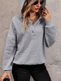 Women Hoodie Light Gray Long Sleeves Buttons Polyester Hooded Sweatshirt