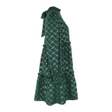 Gold Argyle Print Ruffle Hem Dress