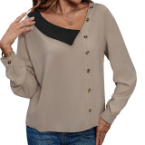 Contrast Panel Button Detail Asymmetrical Neck Drop Shoulder Blouse