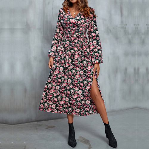 Floral V-Neck Slit Midi Dress