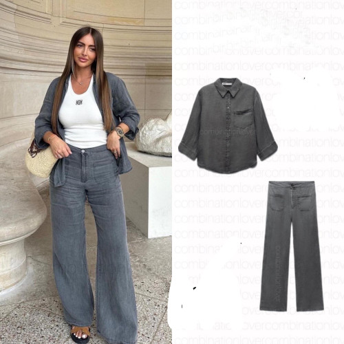Pocket-Embellished Linen Shirt with Mid-Waist Trousers Set