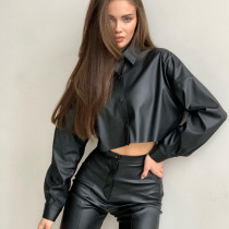PU Material Batwing Long-Sleeved Crop Top for Women