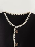 Color-Block Edge Decorated Round Neck Single-Breasted Button Pocket Long-Sleeved Woolen Coat