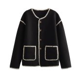 Color-Block Edge Decorated Round Neck Single-Breasted Button Pocket Long-Sleeved Woolen Coat