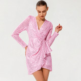 Sparkling Seduction V-Neck Party Glitter Mini Dress with Long Sleeves