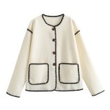 Color-Block Edge Decorated Round Neck Single-Breasted Button Pocket Long-Sleeved Woolen Coat