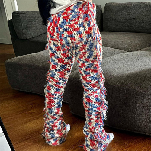 Casual High Waisted Knitted Tassel Contrasting Flared Pants