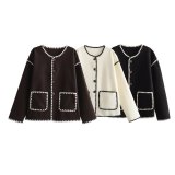 Color-Block Edge Decorated Round Neck Single-Breasted Button Pocket Long-Sleeved Woolen Coat
