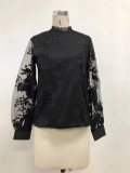 Ethereal Lace Bubble Sleeve Sheer Round Neck Solid Blouse