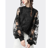 Ethereal Lace Bubble Sleeve Sheer Round Neck Solid Blouse