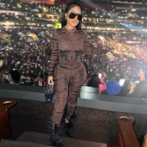 Sexy Mesh See Through Printed Tight Long Sleeve Top High-waisted Trousers