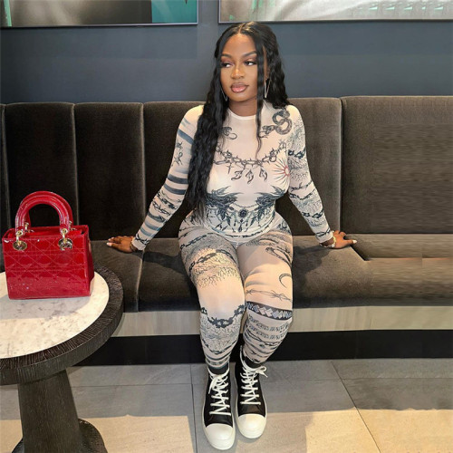 Sexy Mesh See Through Printed Tight Long Sleeve Top High-waisted Trousers