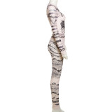 Sexy Mesh See Through Printed Tight Long Sleeve Top High-waisted Trousers