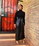 Black Mid-length PU Buckle Slit Leather Skirts Casual Leather Skirt with Belt