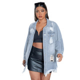 Casual Tassel Single Breasted Ripped Flap Pocket Drop Shoulder Denim Jacket