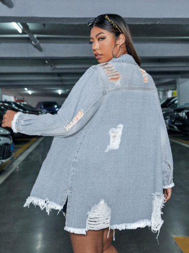 Casual Tassel Single Breasted Ripped Flap Pocket Drop Shoulder Denim Jacket