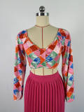 Fashionable Printed Bell Sleeve Top and Pleated Skirt Casual Set