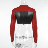 Exposed Midriff and Long Sleeves Color-Contrasting Motorcycle Style Cropped Leather Jacket
